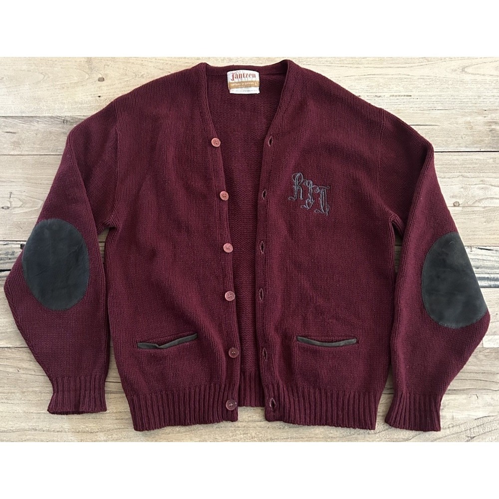 Vtg 60's Jantzen Burgundy‎ Cardigan, Kurt Cobain Grunge 100% 4-ply Shetland Wool
